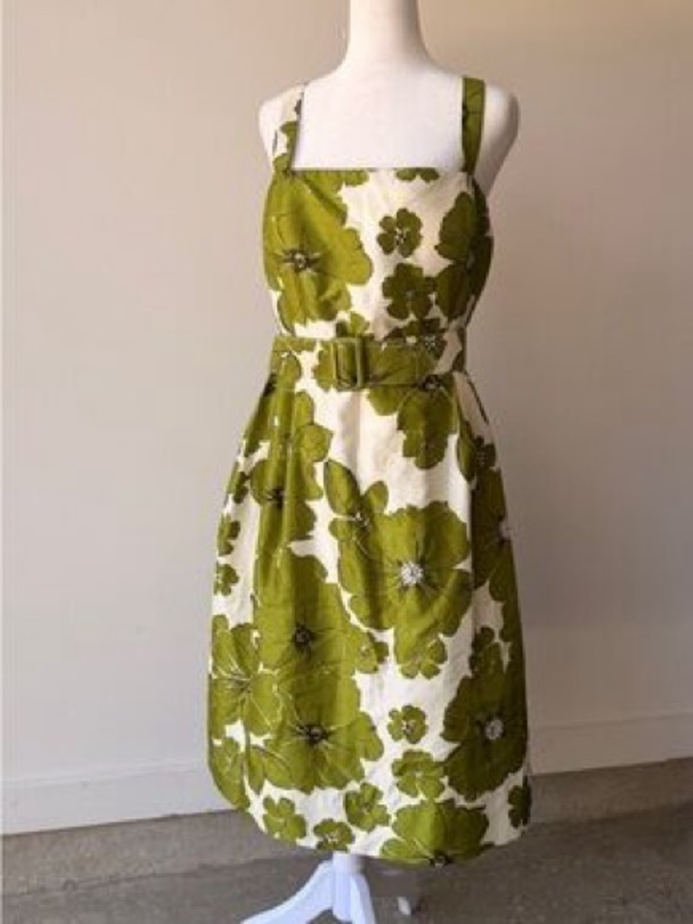 Jessica Howard Pleated Green/White Flowered Sleeveless Belted Dress Sz 12 Large